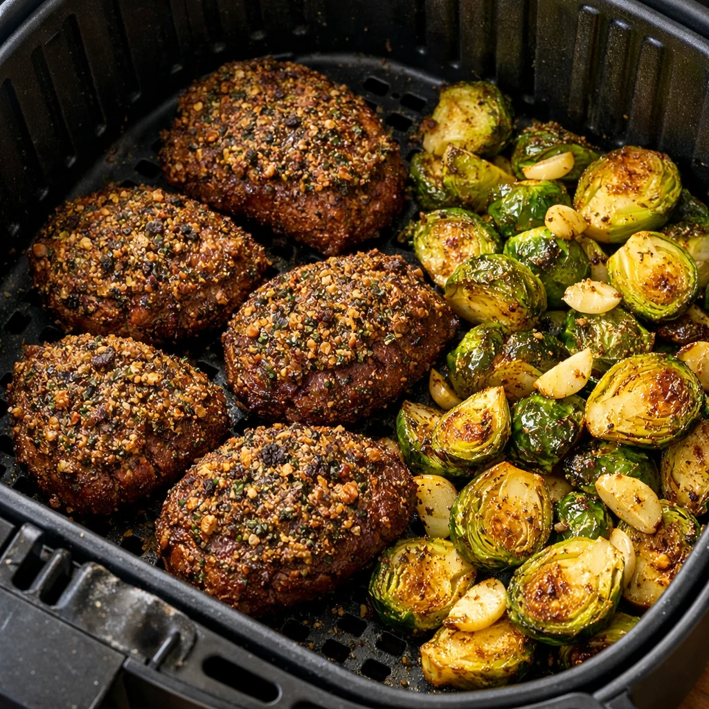 Air Fryer Paleo Herb-Crusted Venison Medallions with Garlic Roasted Brussels Sprouts cooking in the air fryer