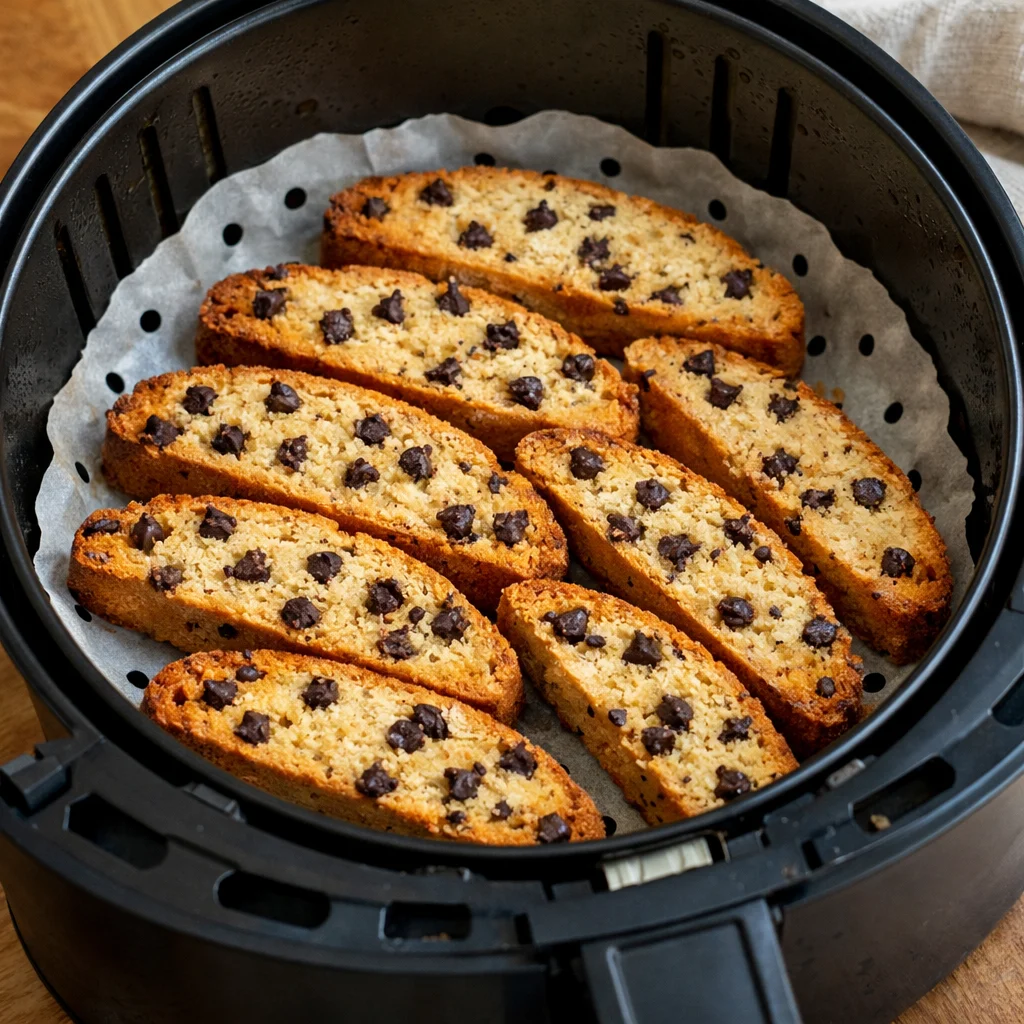 Air Fryer Almond Flour Chocolate Chip Biscotti cooking in the air fryer