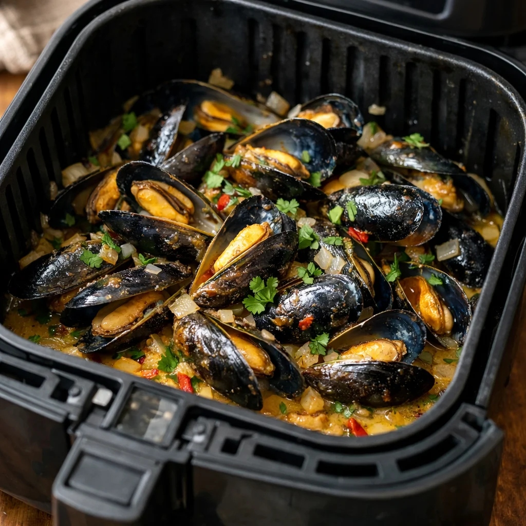 Air Fryer Coconut Curry Mussels cooking in the air fryer