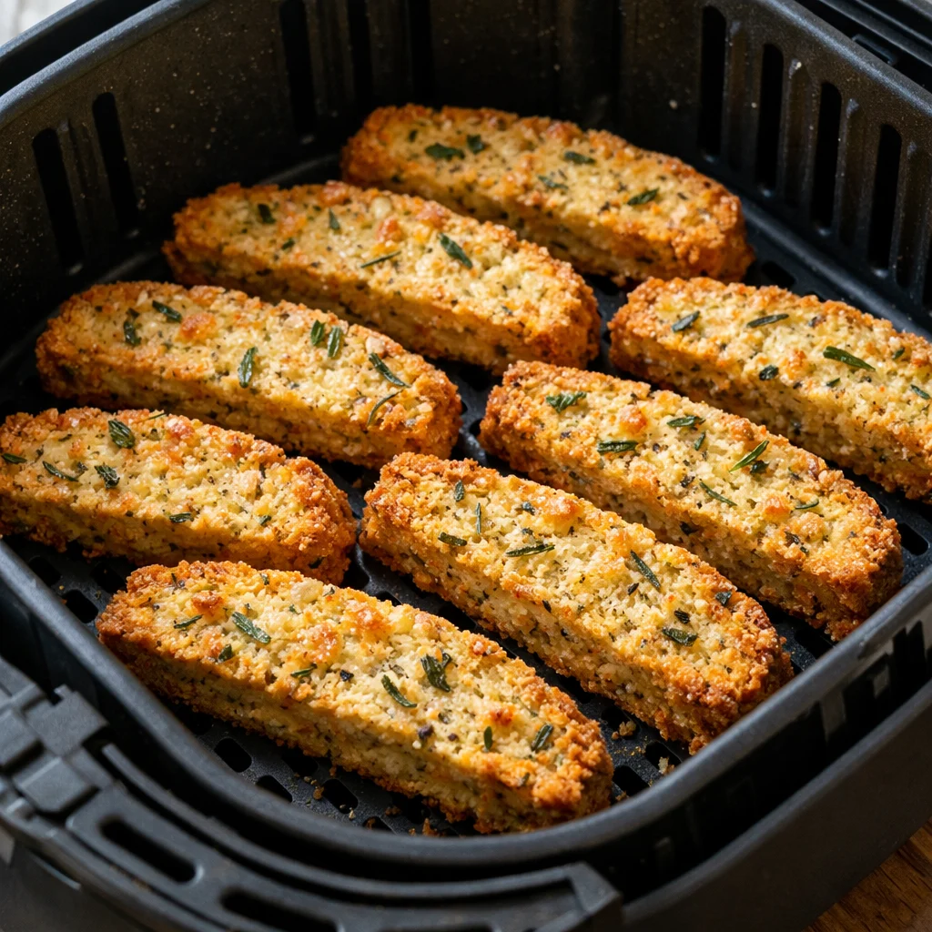 Air Fryer Savory Keto Almond Flour Biscotti with Rosemary and Parmesan cooking in the air fryer
