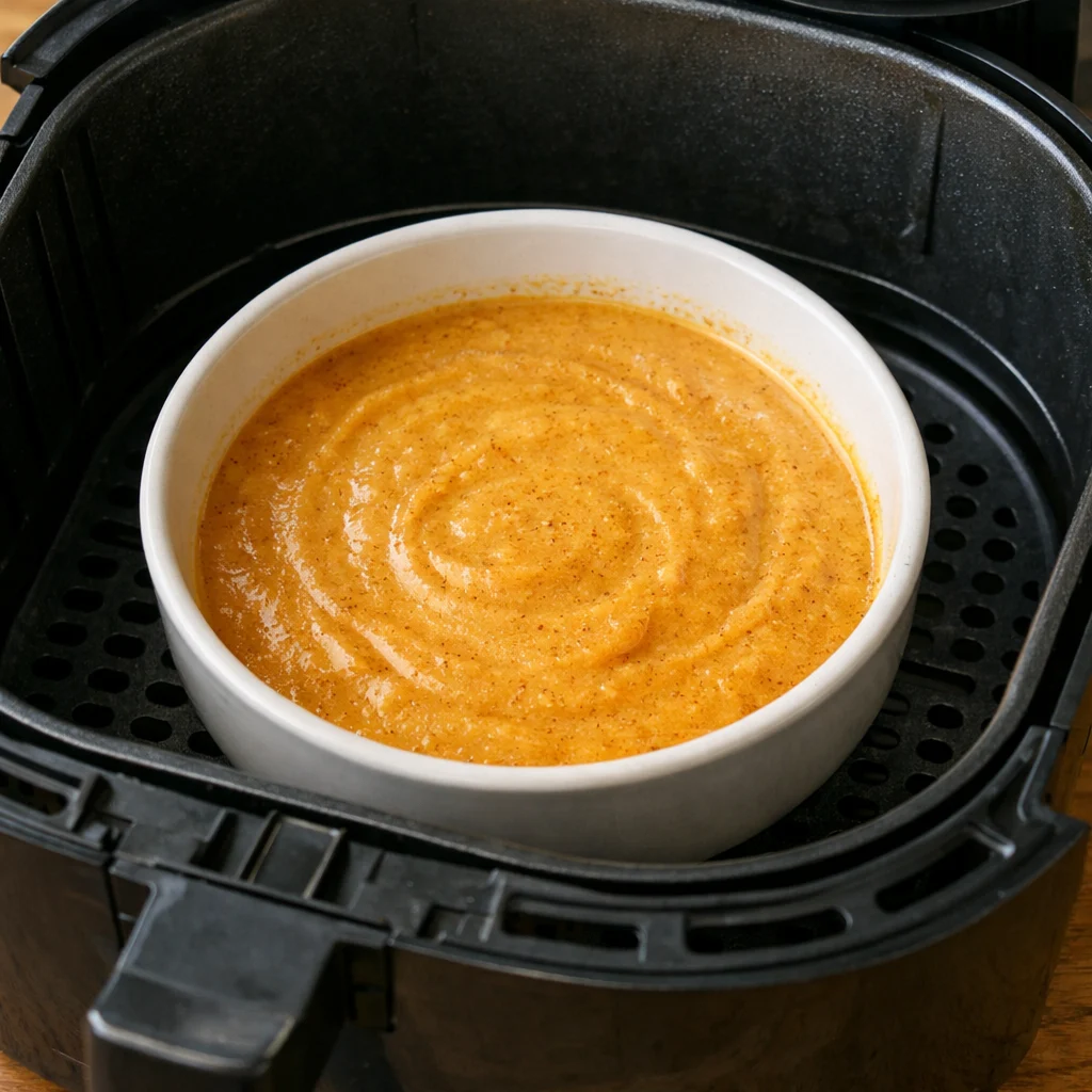 Air Fryer Gluten-Free Pumpkin Panna Cotta with Maple Whipped Cream cooking in the air fryer