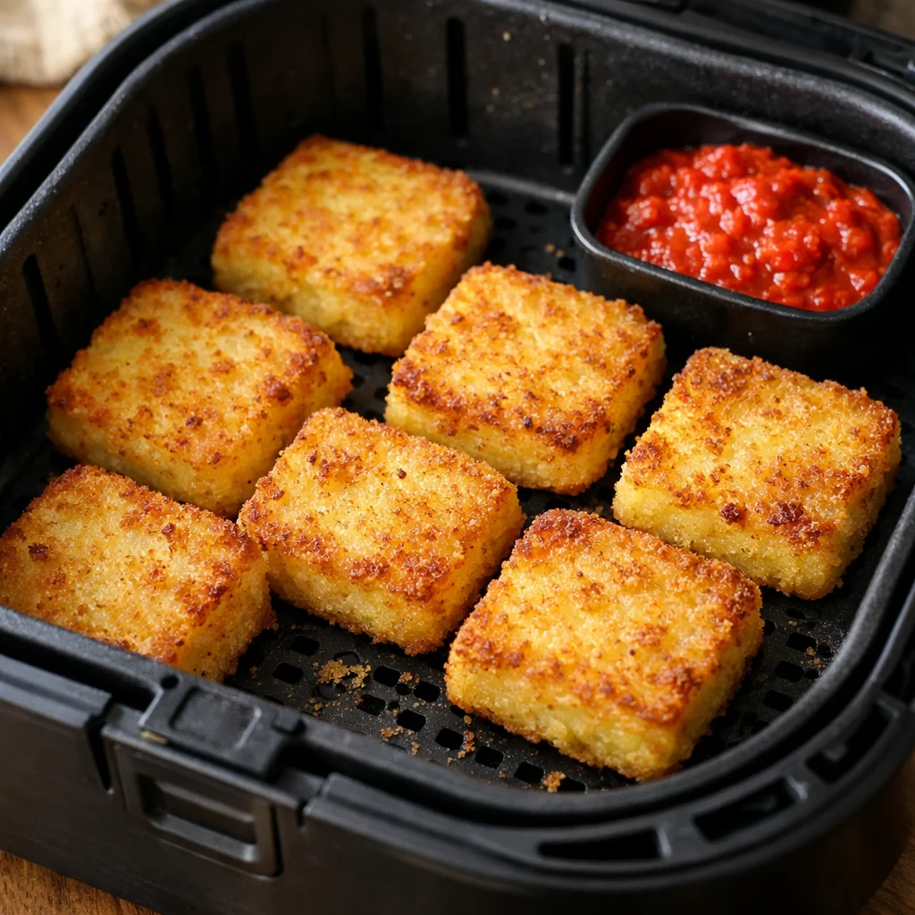 Air Fryer Crispy Baked Polenta Cakes with Roasted Red Pepper Sauce cooking in the air fryer