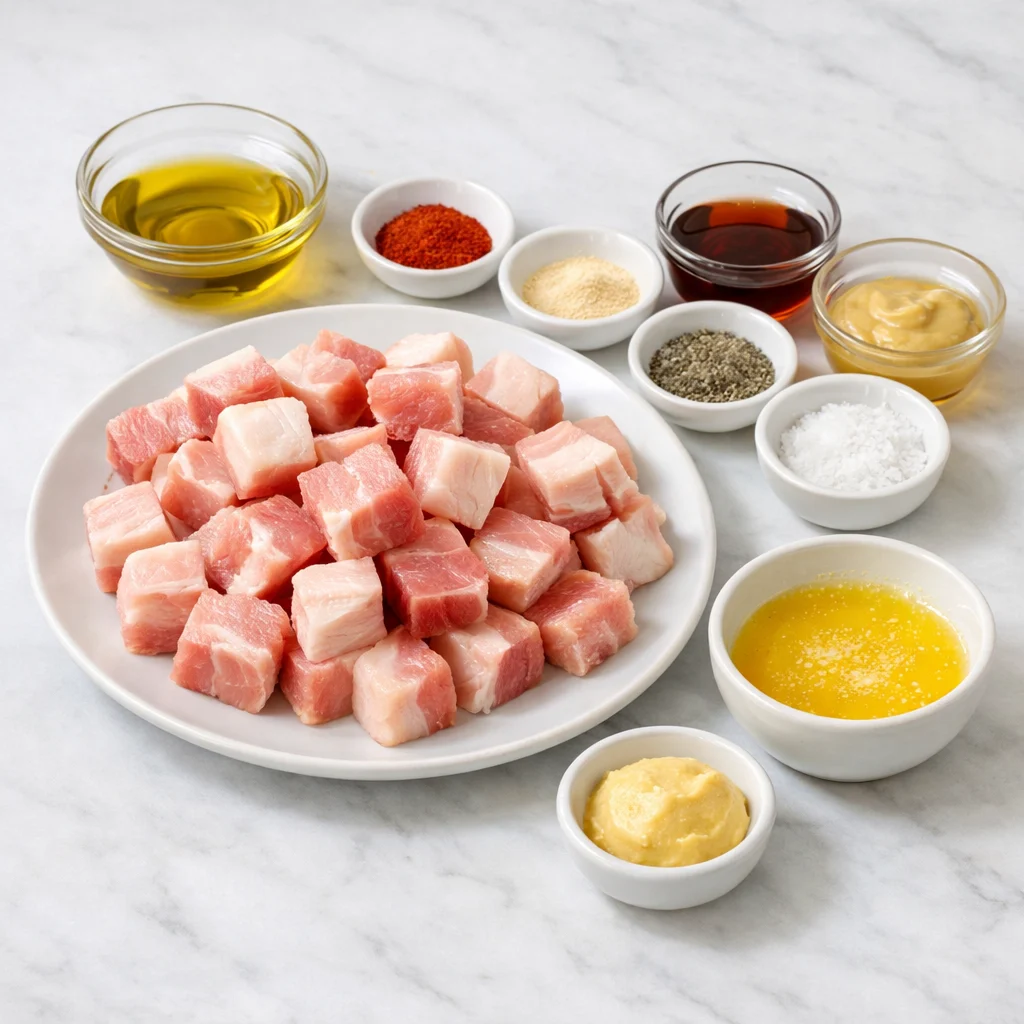 Ingredients for Air Fryer Maple Mustard Glazed Pork Belly Burnt Ends