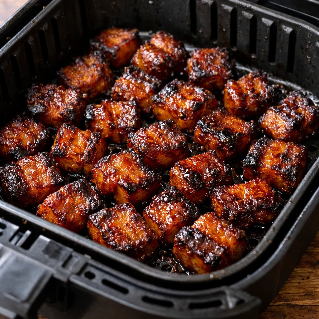 Air Fryer Maple Mustard Glazed Pork Belly Burnt Ends cooking in the air fryer