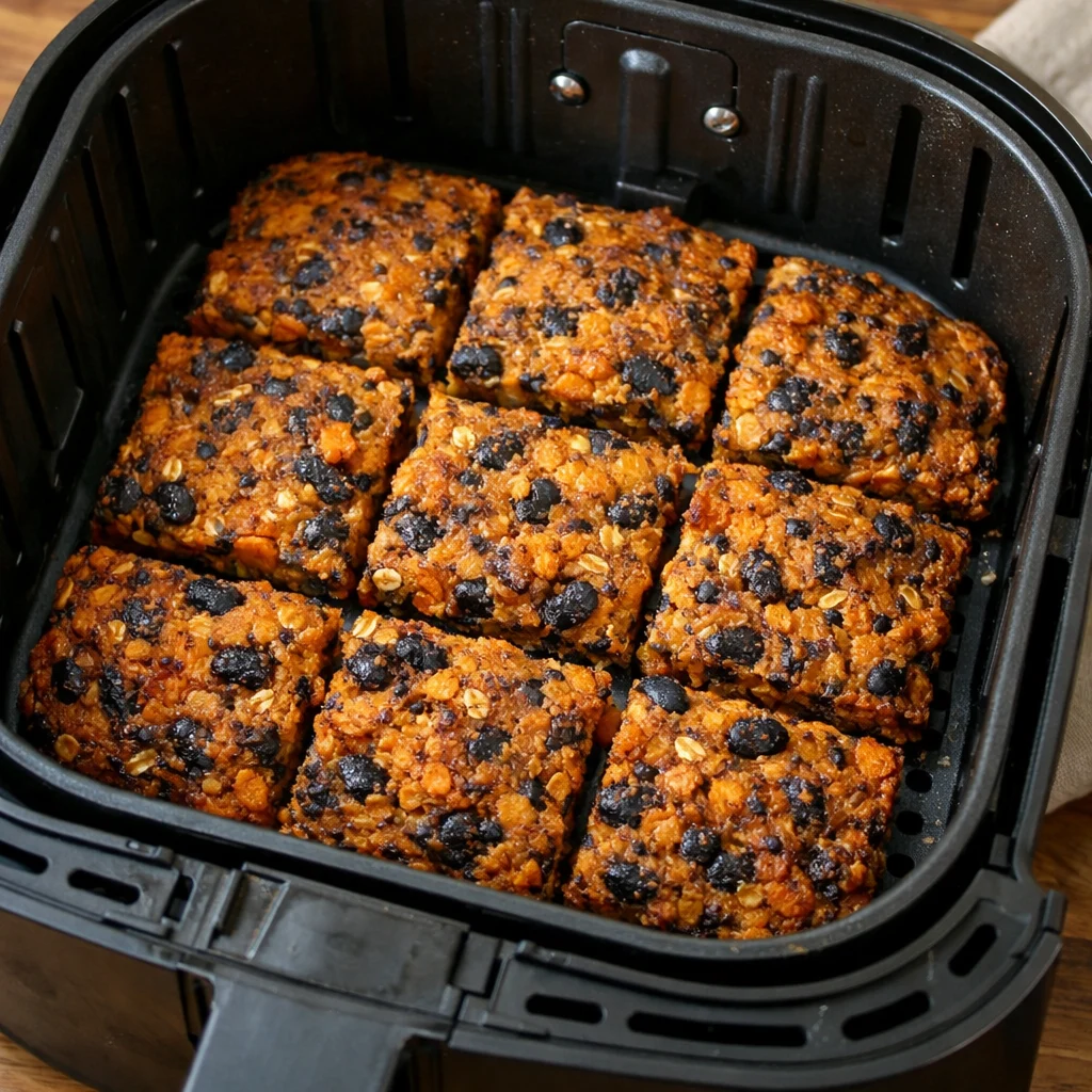Air Fryer Sweet Potato and Black Bean Breakfast Bars cooking in the air fryer