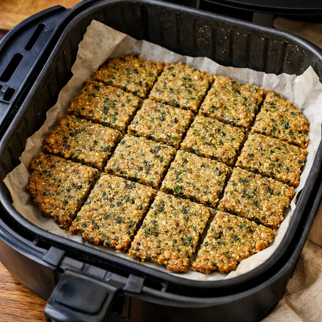 Air Fryer Paleo Pumpkin Seed and Herb Crackers cooking in the air fryer