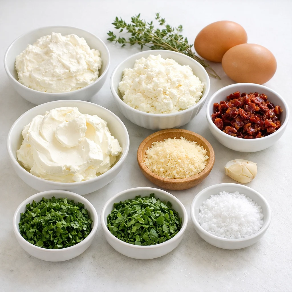 Ingredients for Air Fryer Mini Savory Cheesecake Bites with Sun-Dried Tomato and Herbs