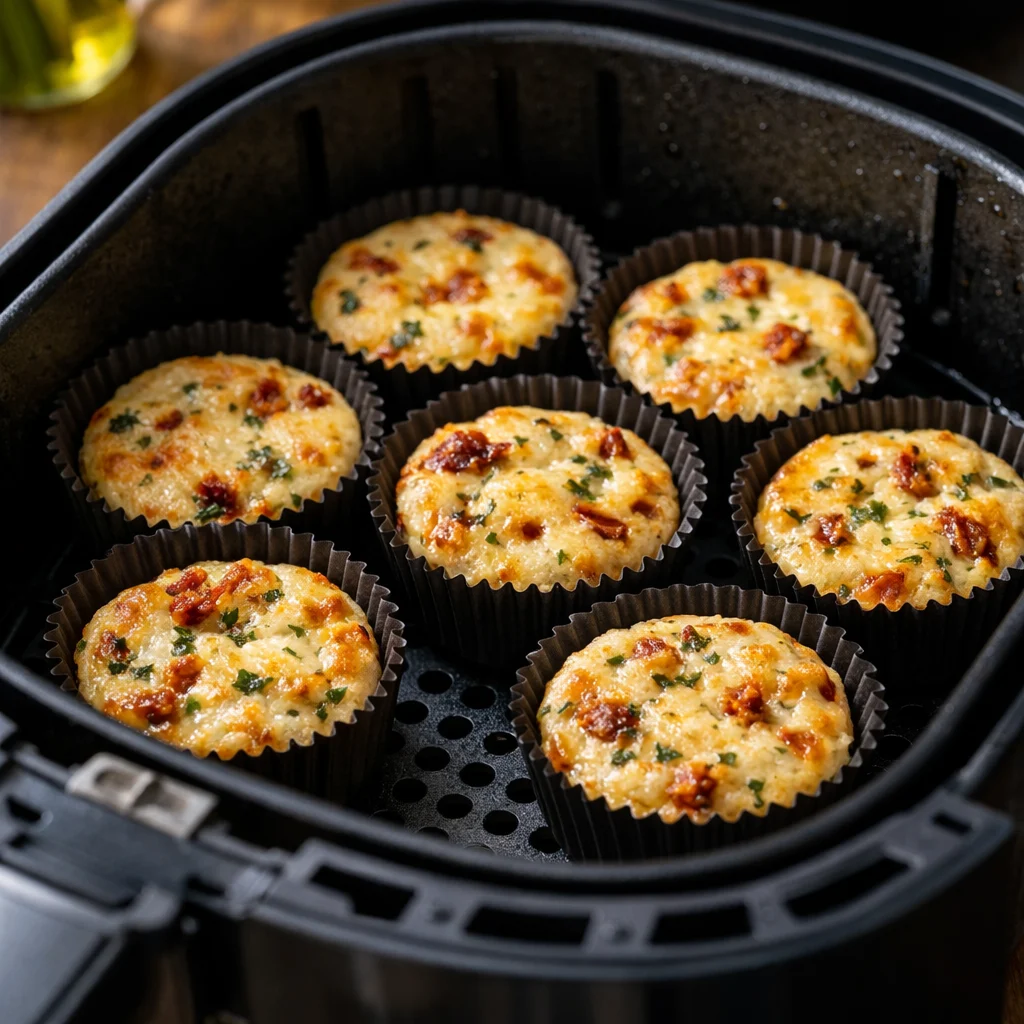 Air Fryer Mini Savory Cheesecake Bites with Sun-Dried Tomato and Herbs cooking in the air fryer