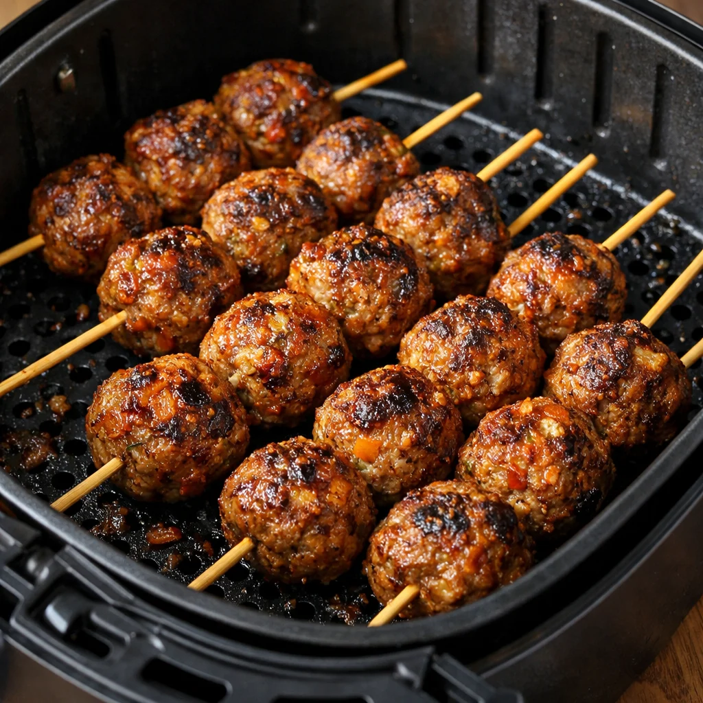 Air Fryer Korean Beef and Kimchi Meatball Skewers cooking in the air fryer