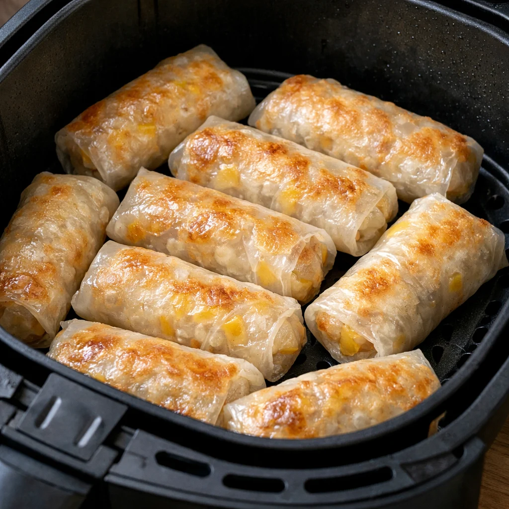 Air Fryer Thai Mango Sticky Rice Spring Rolls cooking in the air fryer