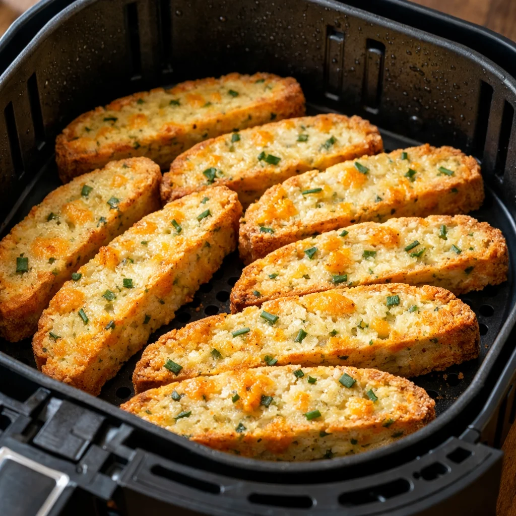 Air Fryer Savory Cheddar and Chive Biscotti cooking in the air fryer