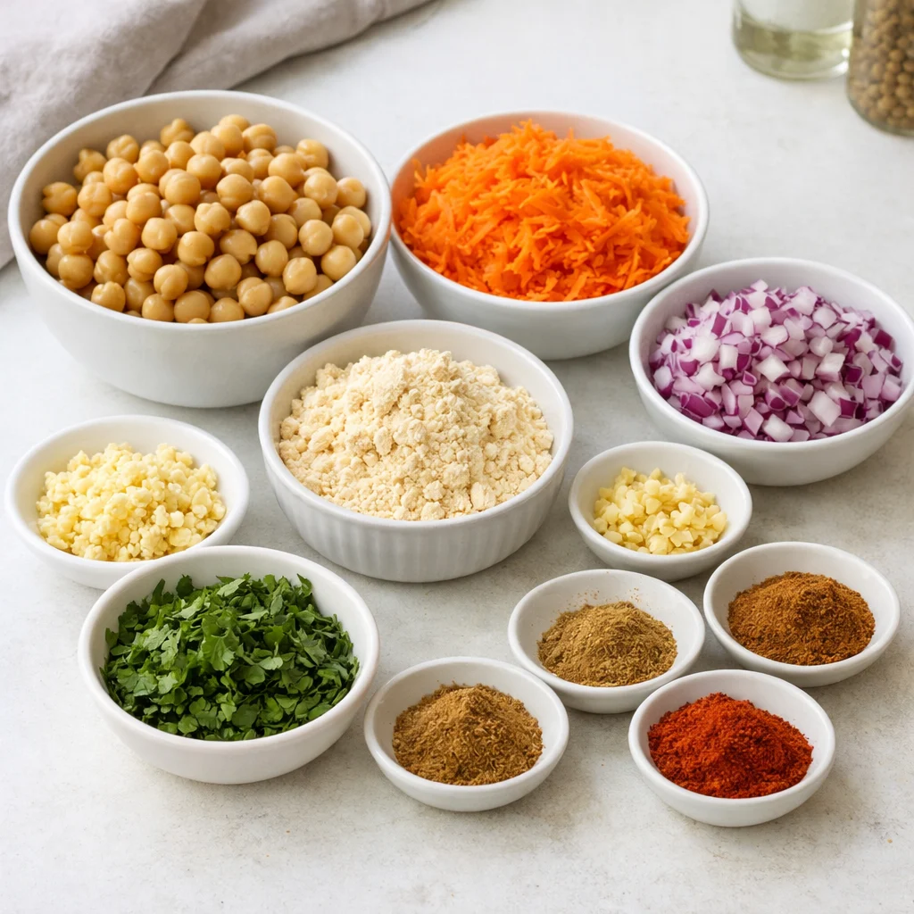 Ingredients for Air Fryer Spiced Moroccan Chickpea and Carrot Patties with Harissa Yogurt