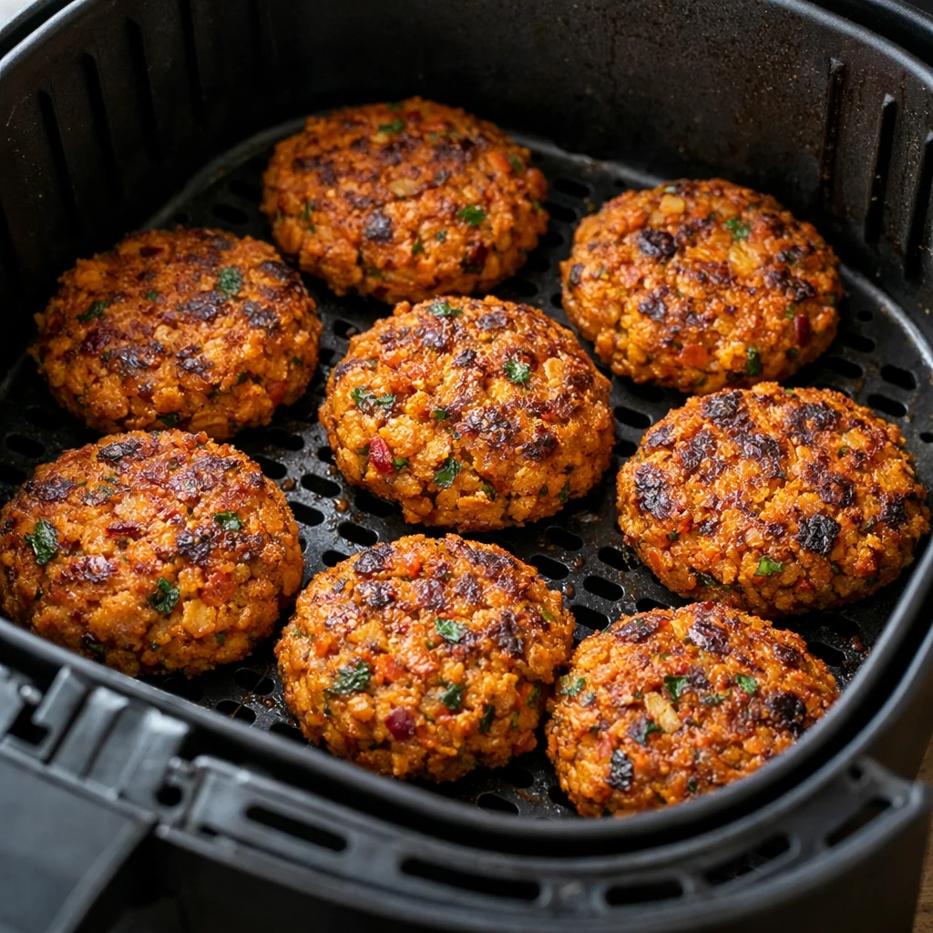 Air Fryer Spiced Moroccan Chickpea and Carrot Patties with Harissa Yogurt cooking in the air fryer