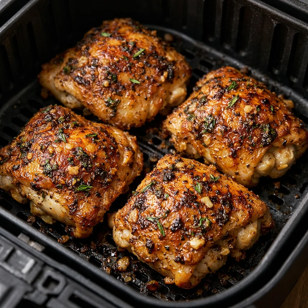 Air Fryer Herb and Garlic Roasted Chicken Thighs with Crispy Skin cooking in the air fryer