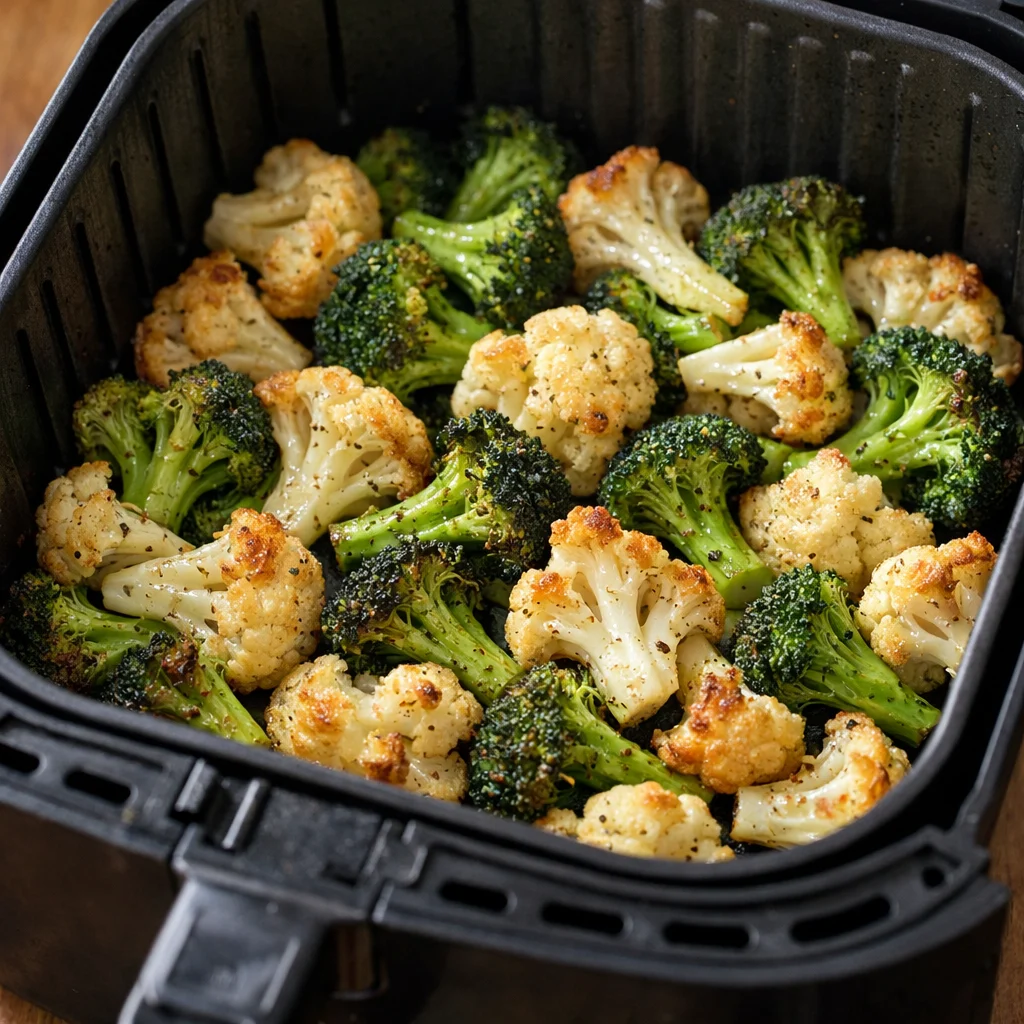 Air Fryer Low-Carb Cauliflower and Broccoli Casserole cooking in the air fryer