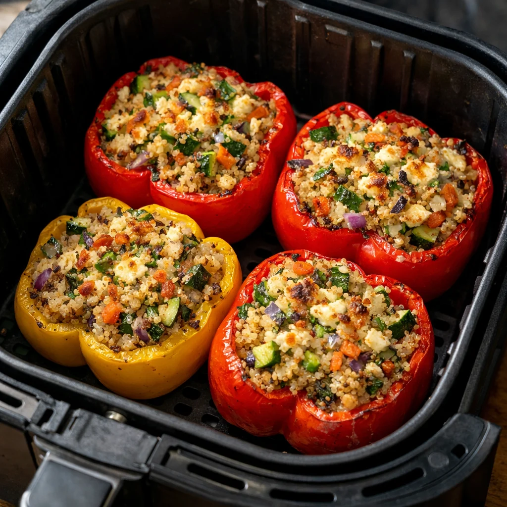 Air Fryer Lemon Herb Quinoa and Veggie Stuffed Peppers cooking in the air fryer
