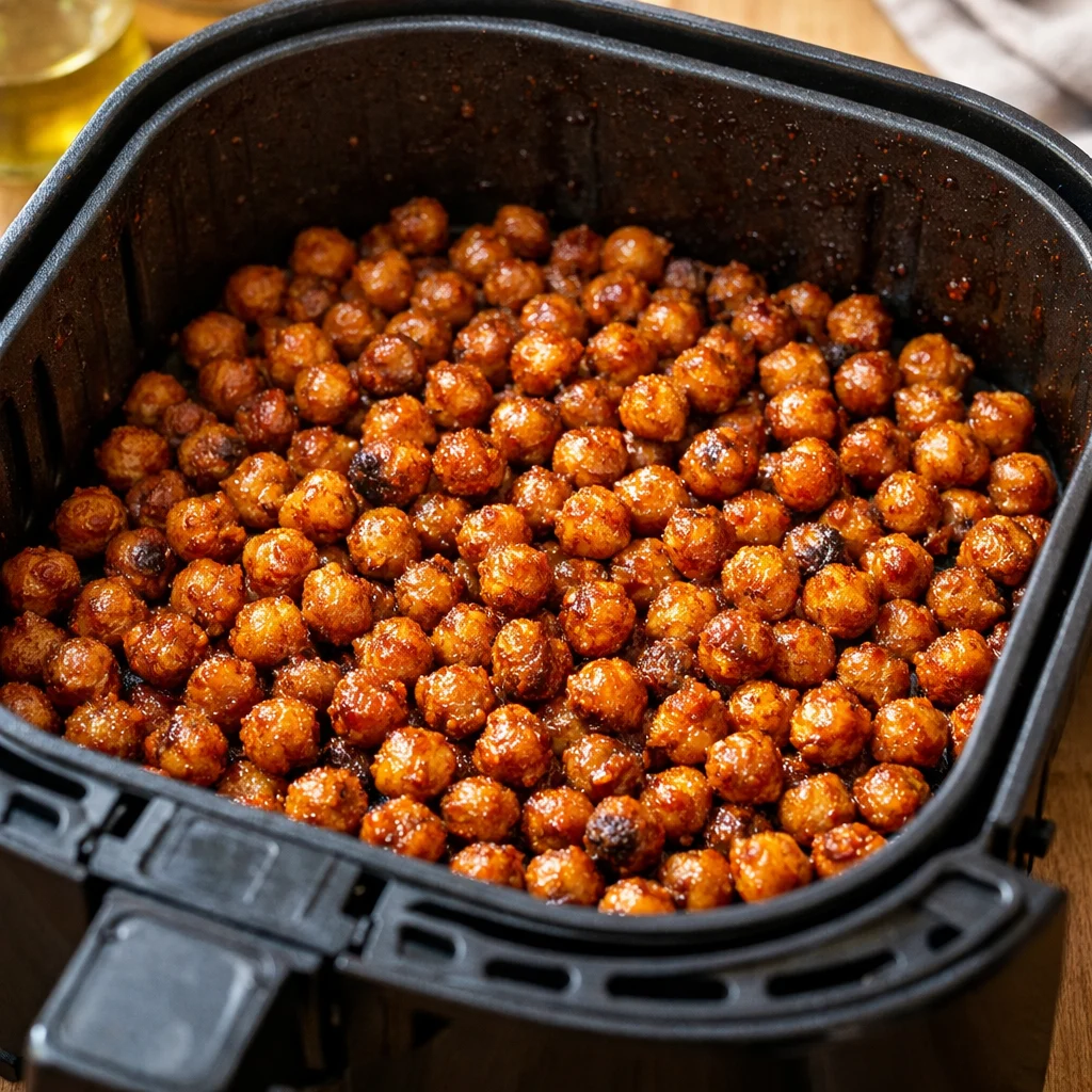 Air Fryer Spicy Harissa Roasted Chickpeas cooking in the air fryer