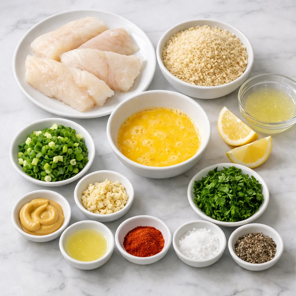 Ingredients for Air Fryer Crispy Breaded Cod Cakes with Lemon-Dill Aioli