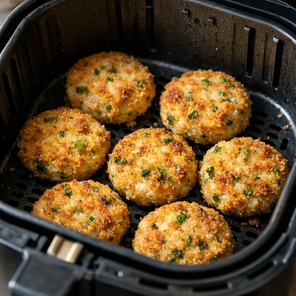 Air Fryer Crispy Breaded Cod Cakes with Lemon-Dill Aioli cooking in the air fryer