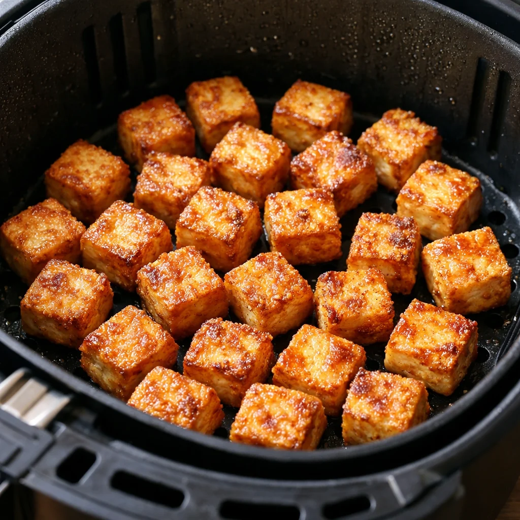 Air Fryer Sweet and Spicy Korean BBQ Tofu Bowl cooking in the air fryer