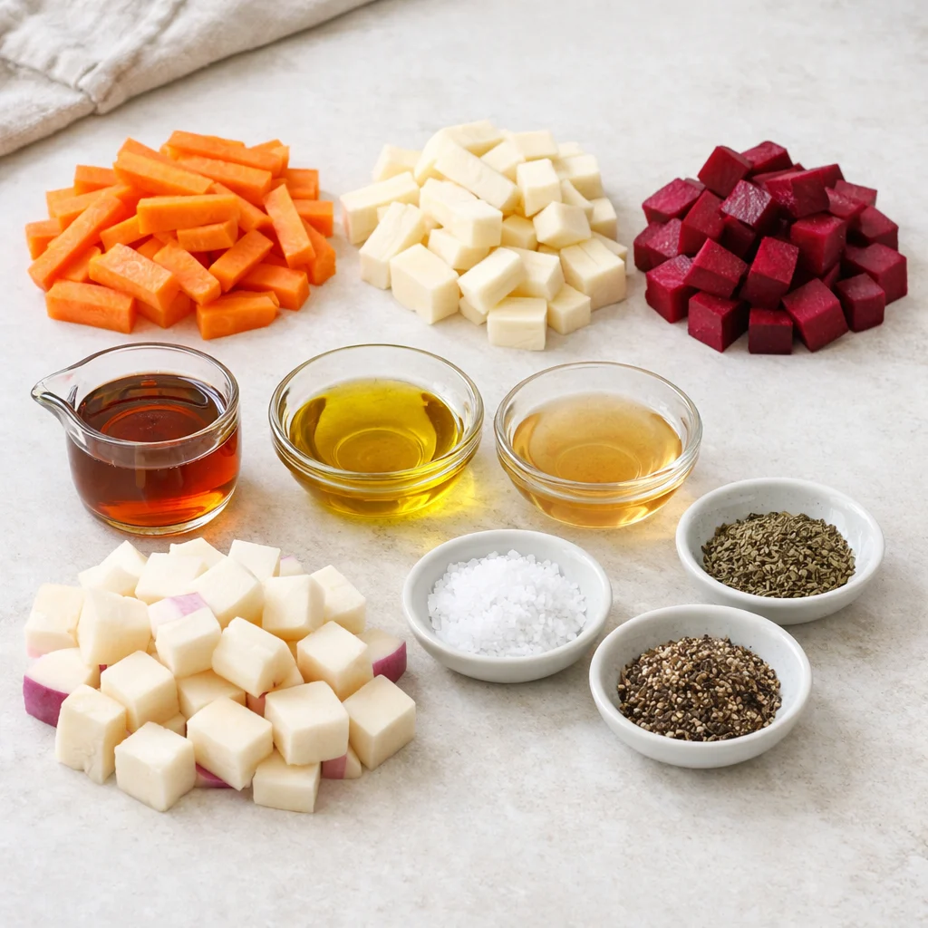 Ingredients for Air Fryer Maple Glazed Roasted Root Vegetable Medley