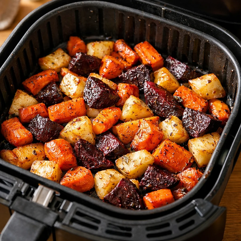 Air Fryer Maple Glazed Roasted Root Vegetable Medley cooking in the air fryer