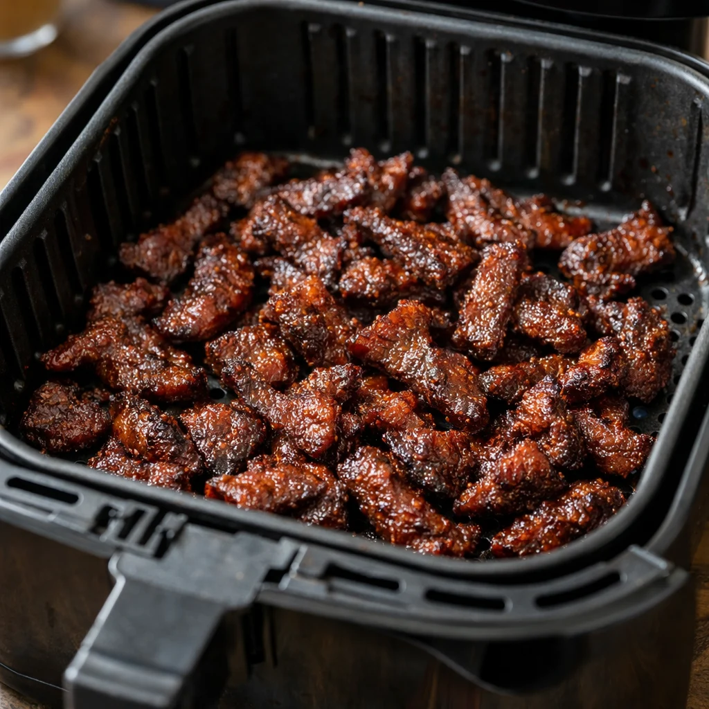 Air Fryer Paleo Spiced Venison Jerky Bites cooking in the air fryer