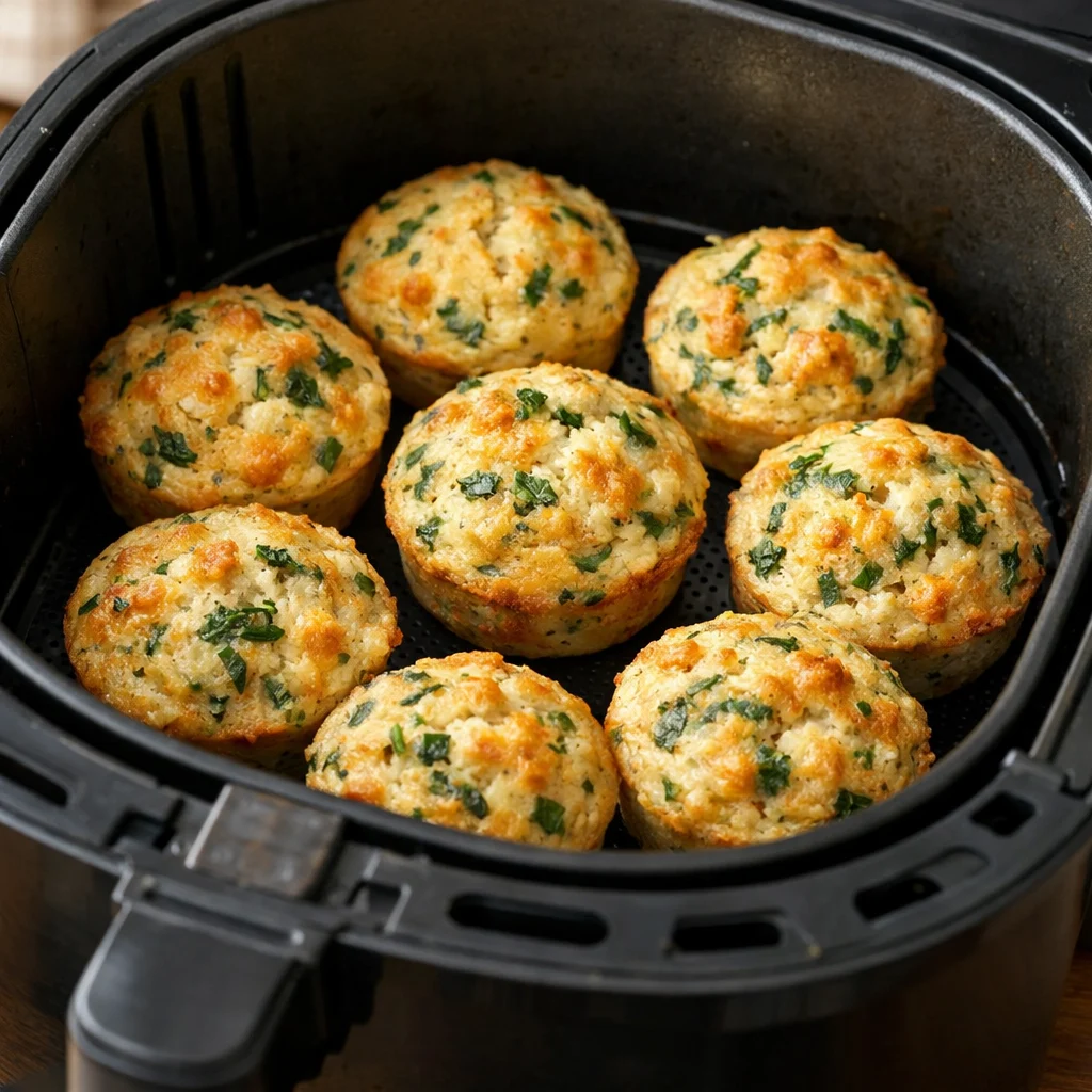 Air Fryer Savory Herb and Cheese Breakfast Muffins cooking in the air fryer