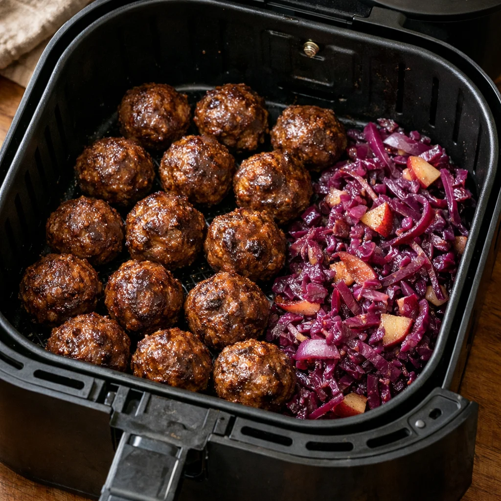 Air Fryer German-Style Sauerbraten Meatballs with Tangy Red Cabbage Slaw cooking in the air fryer