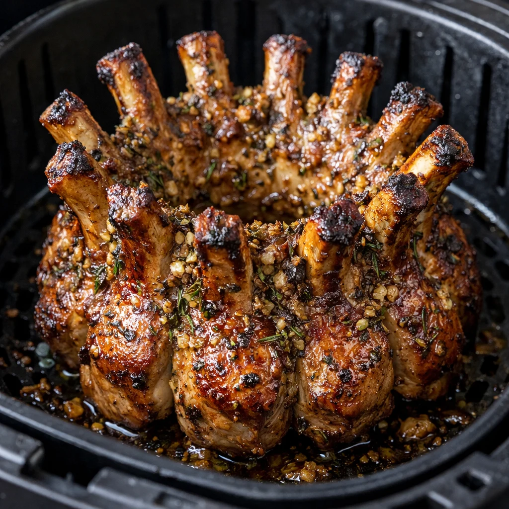 Air Fryer Holiday Glazed Pork Crown Roast with Rosemary and Garlic cooking in the air fryer