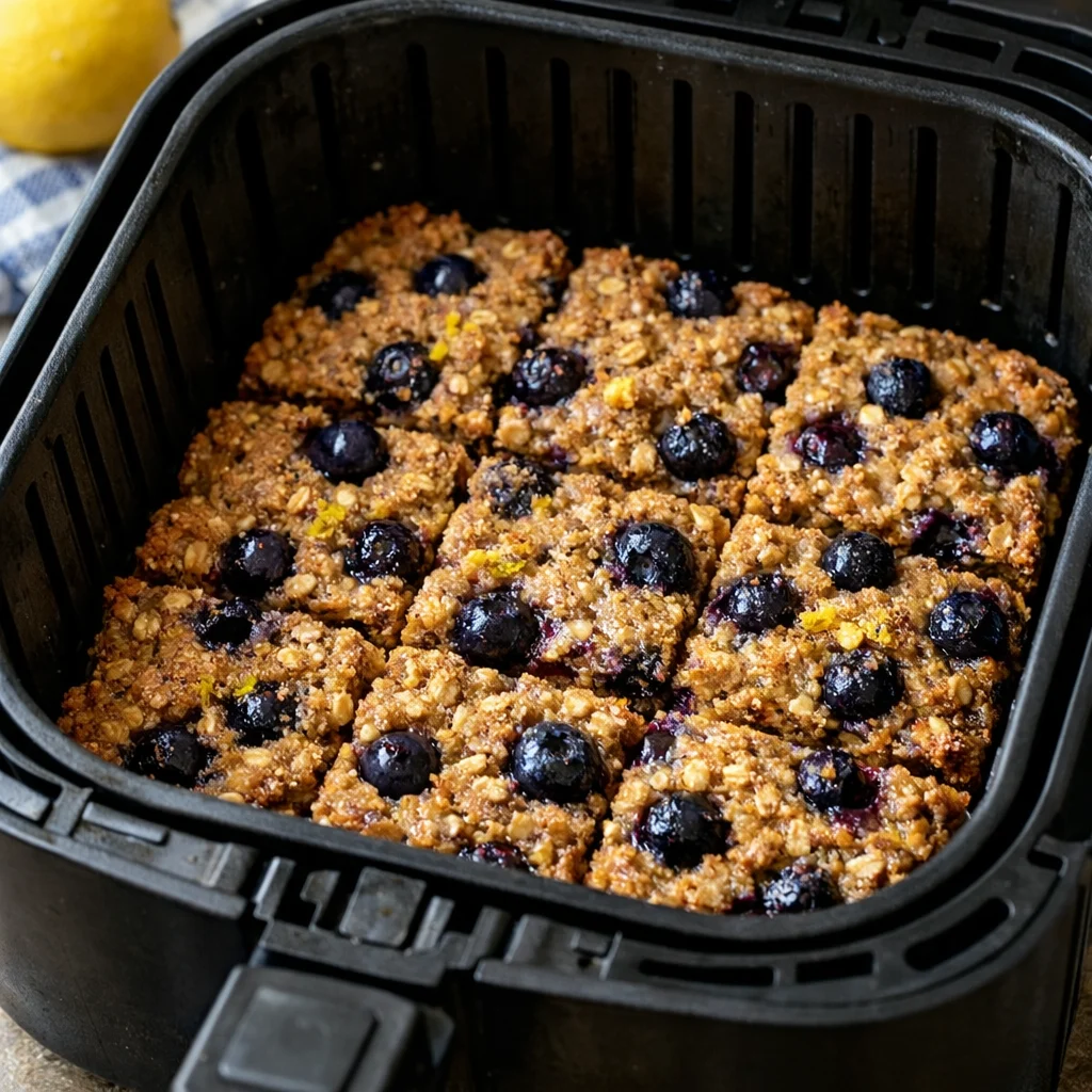 Air Fryer Vegan Blueberry Lemon Breakfast Bars cooking in the air fryer