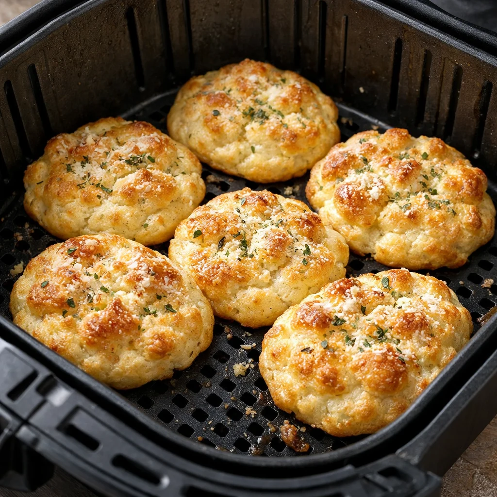 Air Fryer Keto Garlic Parmesan Cloud Bread cooking in the air fryer