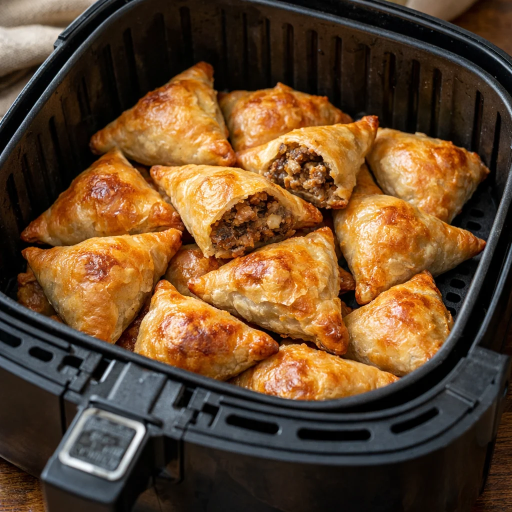 Air Fryer Spiced Moroccan Lamb Meat Pie Bites cooking in the air fryer