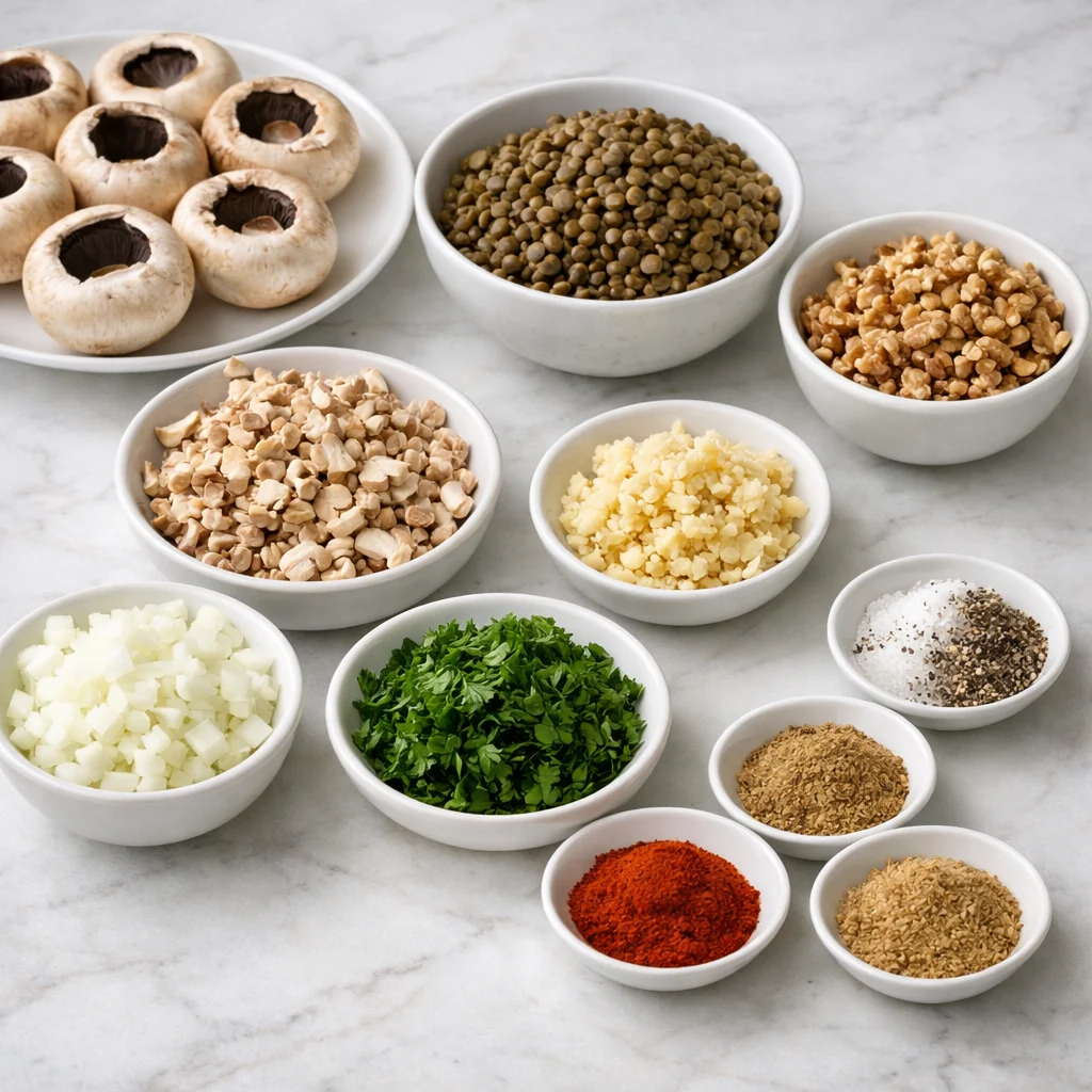 Ingredients for Air Fryer Lentil and Walnut Stuffed Mushrooms with Tahini Drizzle