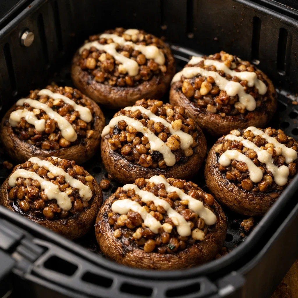 Air Fryer Lentil and Walnut Stuffed Mushrooms with Tahini Drizzle cooking in the air fryer