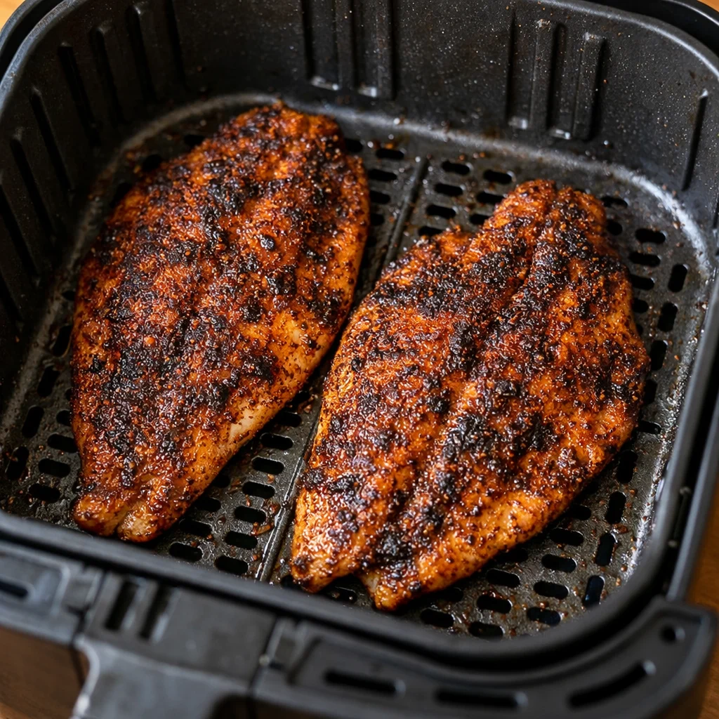Air Fryer Low-Carb Cajun Blackened Catfish cooking in the air fryer