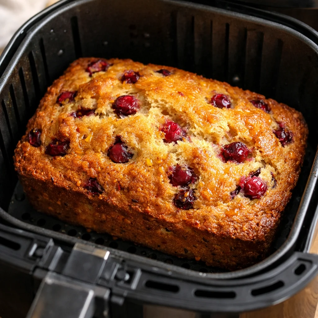 Air Fryer Cranberry Orange Breakfast Loaf cooking in the air fryer