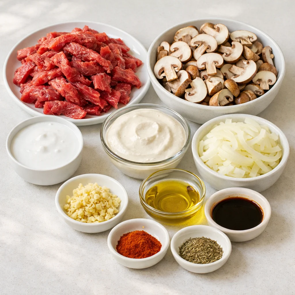 Ingredients for Air Fryer Ketogenic Beef Stroganoff with Mushrooms