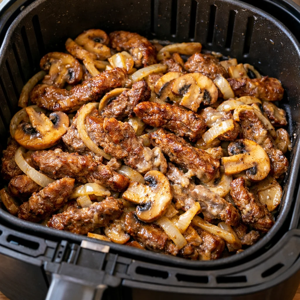 Air Fryer Ketogenic Beef Stroganoff with Mushrooms cooking in the air fryer