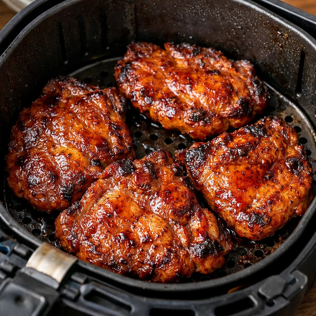 Air Fryer Freezer-Friendly Maple-Glazed Pork Shoulder Steaks cooking in the air fryer