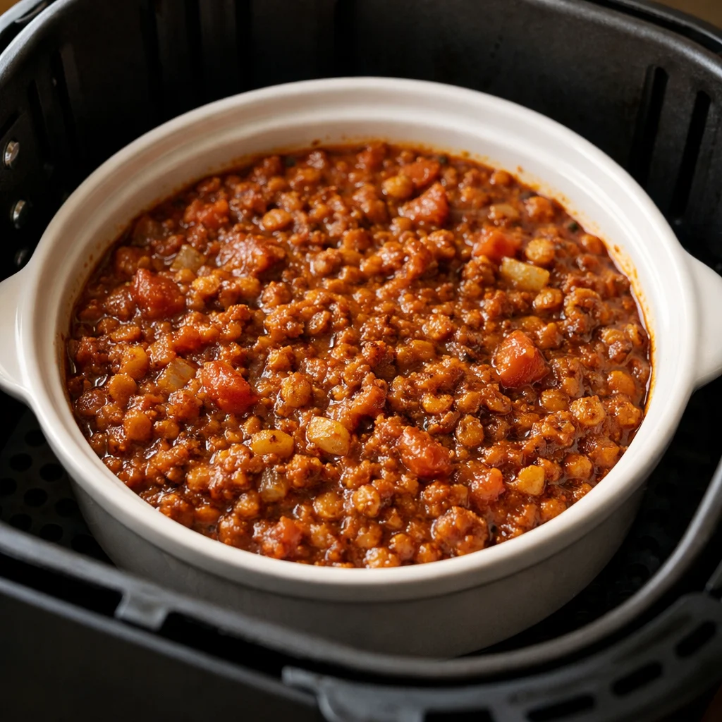 Air Fryer Spicy Ethiopian Berbere Lentil Stew cooking in the air fryer