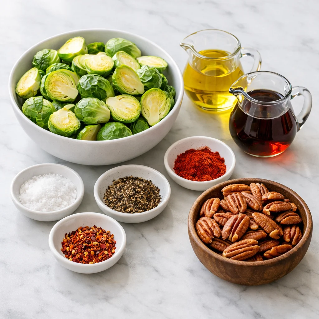 Ingredients for Air Fryer Maple Roasted Brussels Sprouts with Toasted Pecans