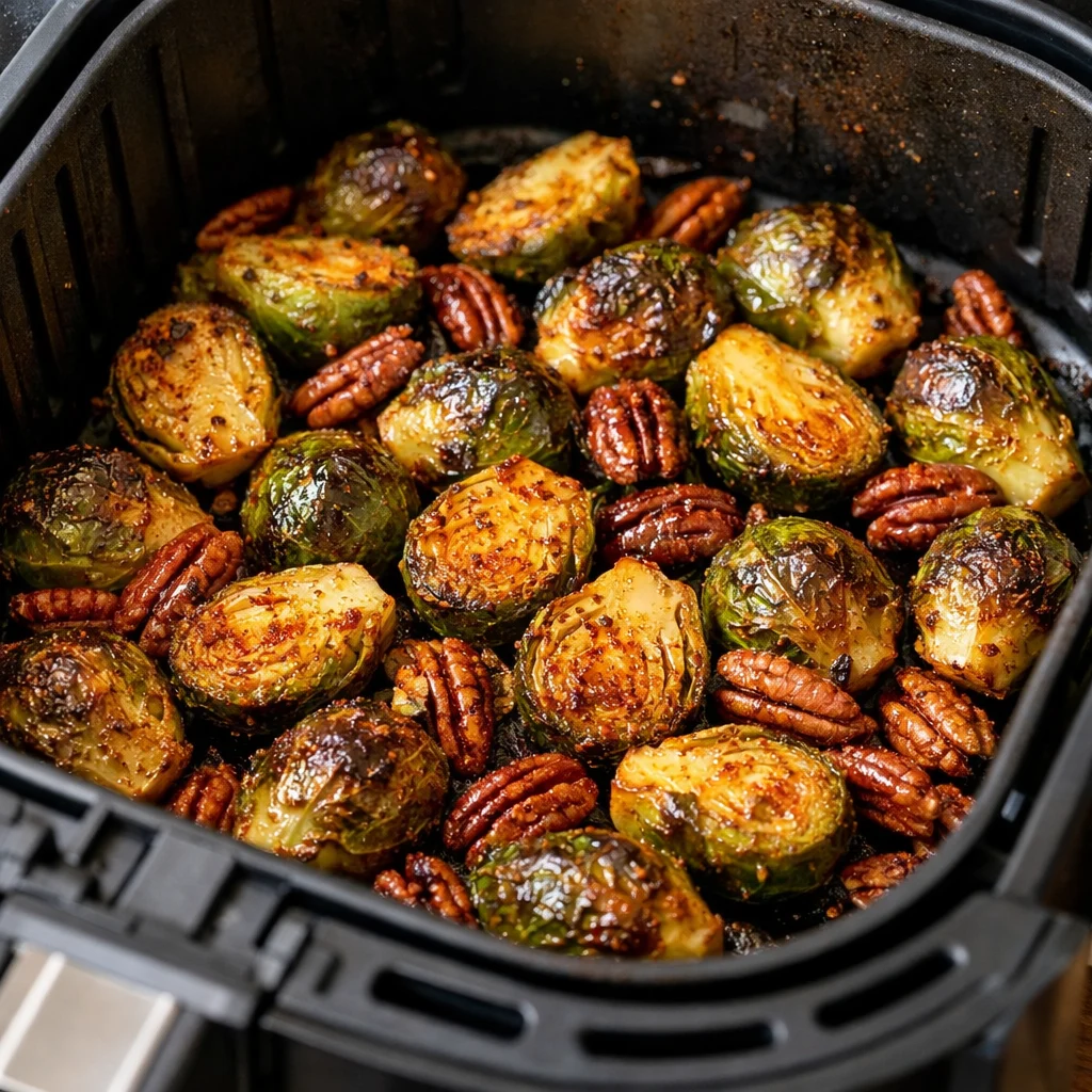 Air Fryer Maple Roasted Brussels Sprouts with Toasted Pecans cooking in the air fryer