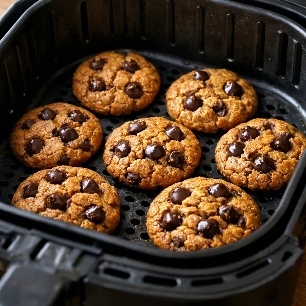 Air Fryer Paleo Almond Butter Chocolate Chip Cookies cooking in the air fryer