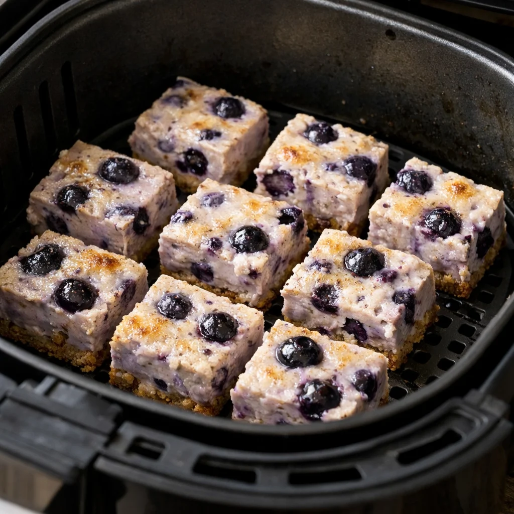 Air Fryer Vegan Lavender Blueberry Cheesecake Bites cooking in the air fryer