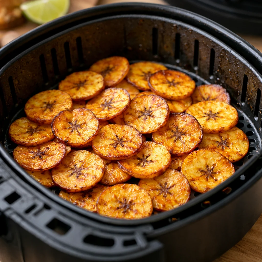 Air Fryer Sweet Caribbean Plantain Chips with Spicy Mango Salsa cooking in the air fryer