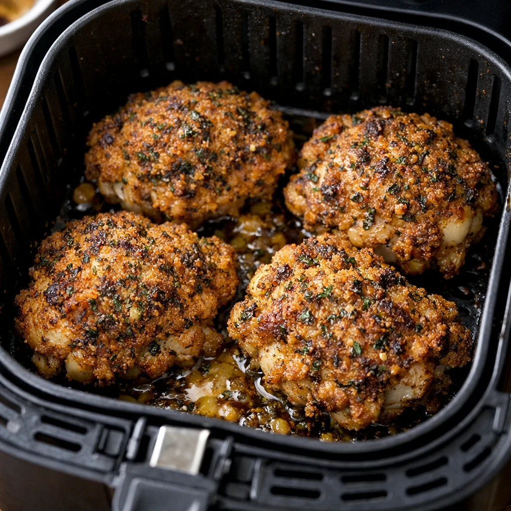 Air Fryer Keto Herb-Crusted Chicken Thighs with Garlic Butter Sauce cooking in the air fryer