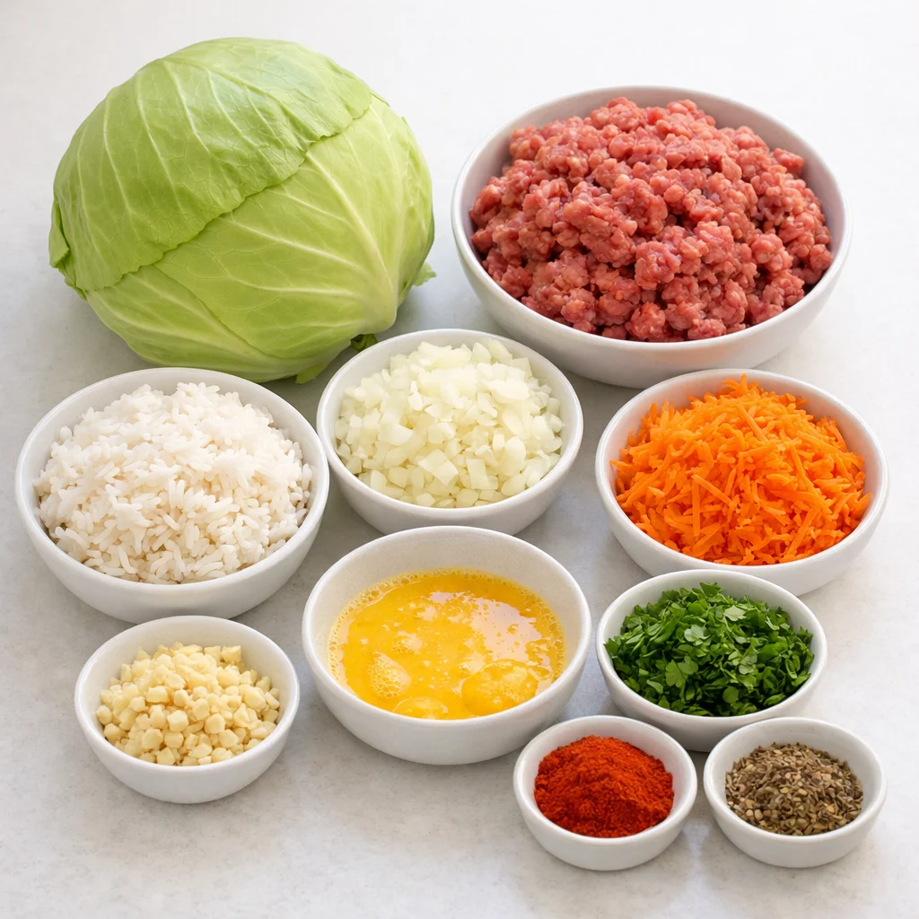Ingredients for Air Fryer Beef and Vegetable Stuffed Cabbage Rolls
