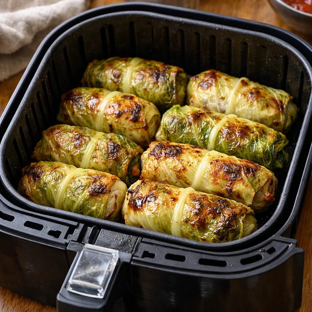 Air Fryer Beef and Vegetable Stuffed Cabbage Rolls cooking in the air fryer
