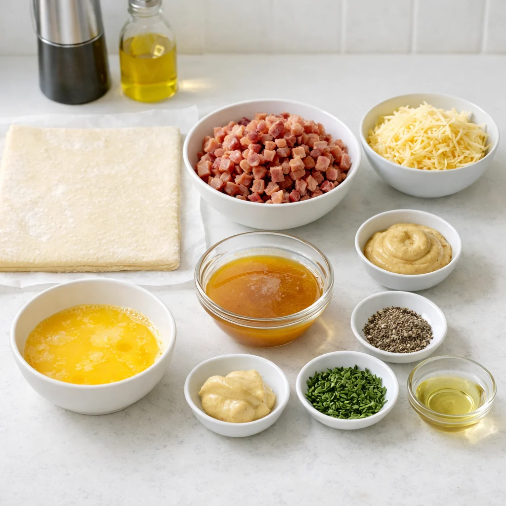 Ingredients for Air Fryer Holiday Glazed Ham and Cheese Puff Pastry Bites